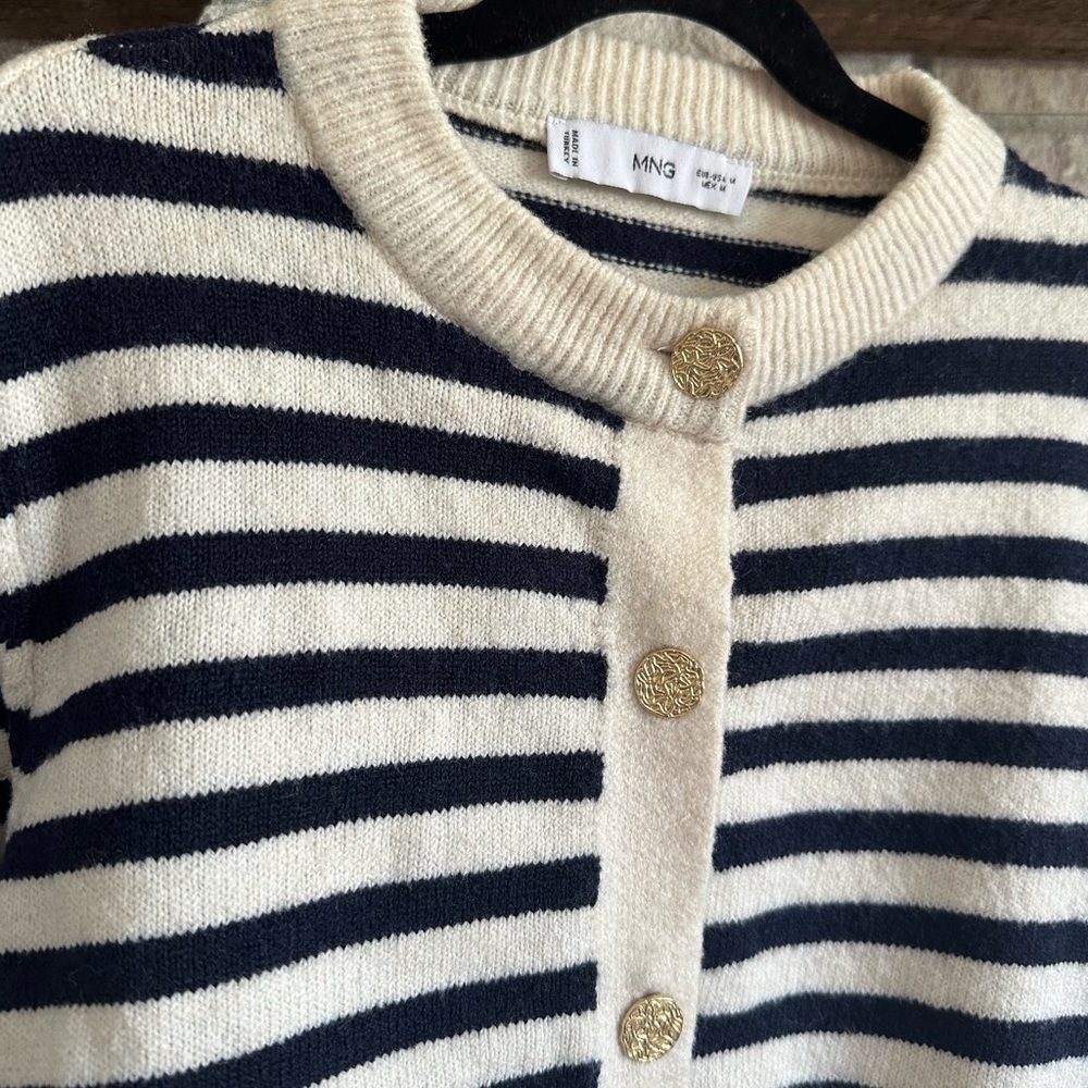 Mango Striped Knitted Cardigan Gold Jewel Buttons Navy Cream Size M Preppy EUC - Picture 6 of 13